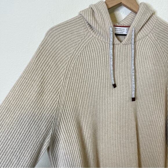 Brunello Cucinelli Ribbed Knitted Drawstring Hoodie Light Beige Mens Size XXXL - Picture 7 of 14